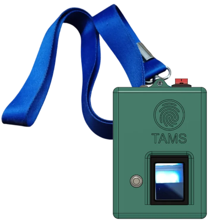 TAMS portable fingerprint device on a blue lanyard